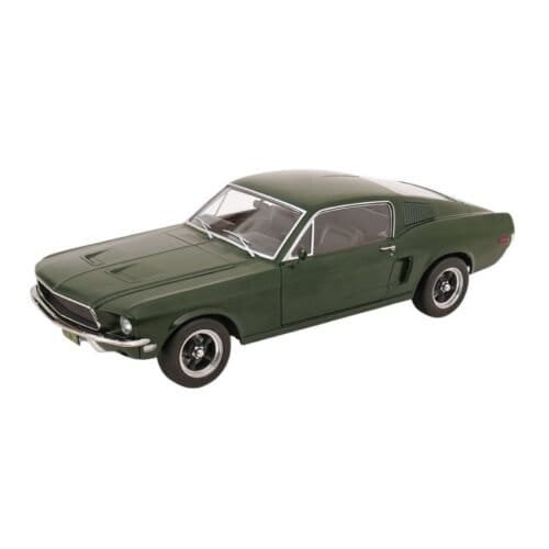 Coche en miniatura Ford Mustang GT Fastback 1968 color verde de la película Bullitt a escala 1/12 fabricado por KK Scale.