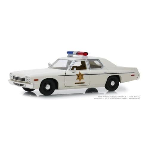 Coche en miniatura de policía Dodge Monaco 1977 color blanco del Sheriff de la serie The Dukes of Hazzard a escala 1/24 fabricado por Greenlight.
