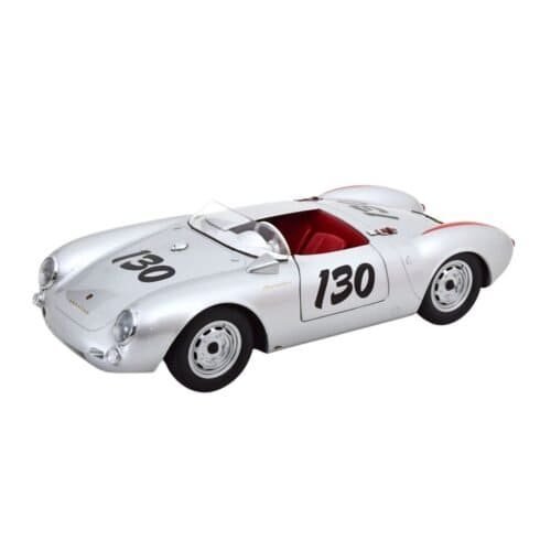 Coche en miniatura Porsche 550A Spyder 1956 color plata Little Bastard de James Dean a escala 1/12 fabricado por KK Scale con cubierta de copiloto.