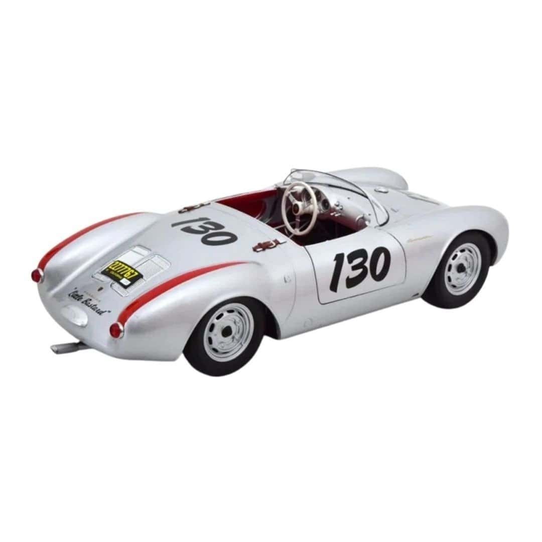 Coche en miniatura Porsche 550A Spyder 1956 color plata Little Bastard de James Dean a escala 1/12 fabricado por KK Scale con cubierta de copiloto.