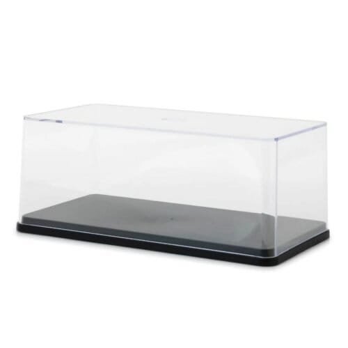 Urna vitrina transparente de acrílico con peana negra fabricada por Greenlight para proteger y exhibir coches en miniatura a escala 1/24.
