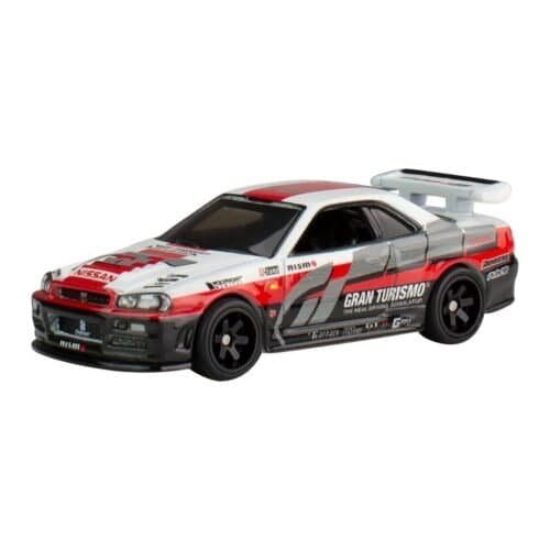 Coche en miniatura Nissan Skyline GT-R BNR34 color plata con decoración de Gran Turismo 7 a escala 1/64 fabricado por Hot Wheels.