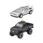 Pack doble de coches en miniatura DeLorean Máquina del Tiempo plateado y Toyota Pickup SR5 color negro de la película Regreso al Futuro a escala 1/64 fabricados por Hot Wheels.