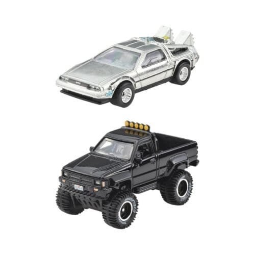 Pack doble de coches en miniatura DeLorean Máquina del Tiempo plateado y Toyota Pickup SR5 color negro de la película Regreso al Futuro a escala 1/64 fabricados por Hot Wheels.