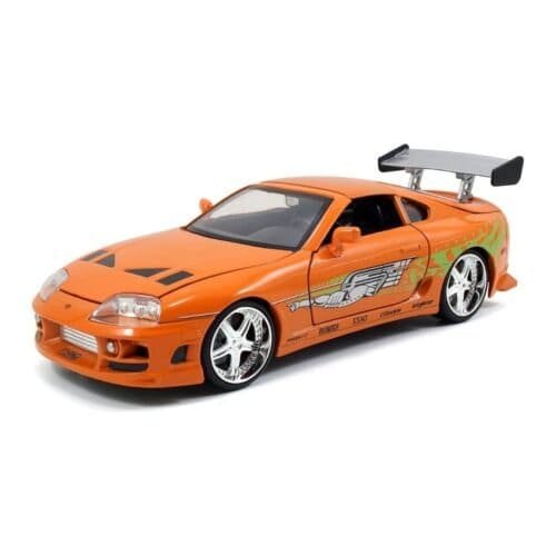 Coche deportivo en miniatura Toyota Supra Mk IV color naranja de la película Fast and Furious a escala 1/24 fabricado por Jada.