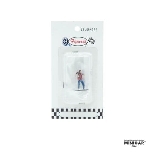Figura en miniatura de Marty McFly con su característico chaleco acolchado rojo de la película Regreso al futuro a escala 1/64 fabricada por Cartrix.