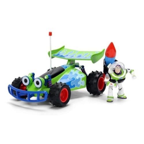 Coche en miniatura Turbo Buggy RC color verde brillante y azul de la película de animación Toy Story a escala 1/24 fabricado por Jada.